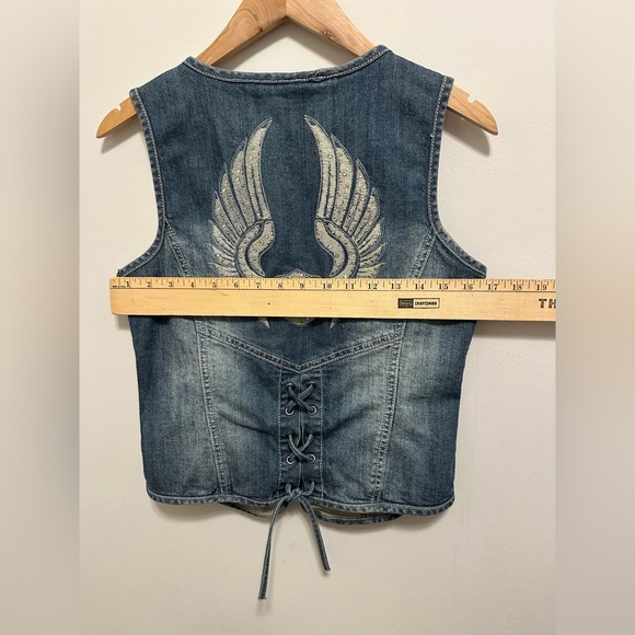 Harley Davidson Women Medium Denim Zip Corset Rhinestone Wing Pocket Vest Y2K - Picture 4 of 8